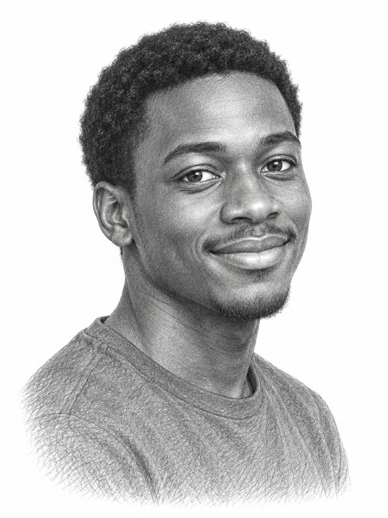 Temporary demonstration, not verified Davina work: AI-generated graphite-style portrait of a smiling man