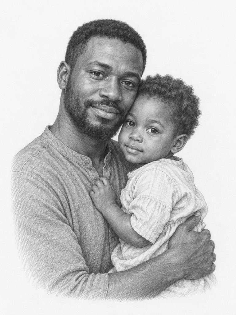 Temporary demonstration, not verified Davina work: AI-generated graphite-style portrait of a father and child