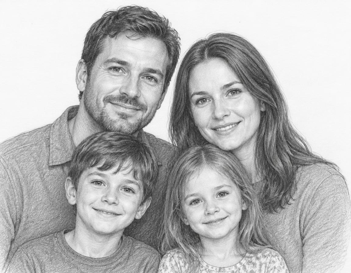 Temporary demonstration, not verified Davina work: Pencil portrait of a family of four