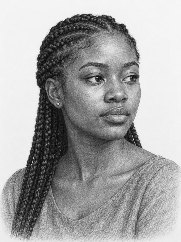 Temporary demonstration, not verified Davina work: AI-generated graphite-style portrait of a woman with braids