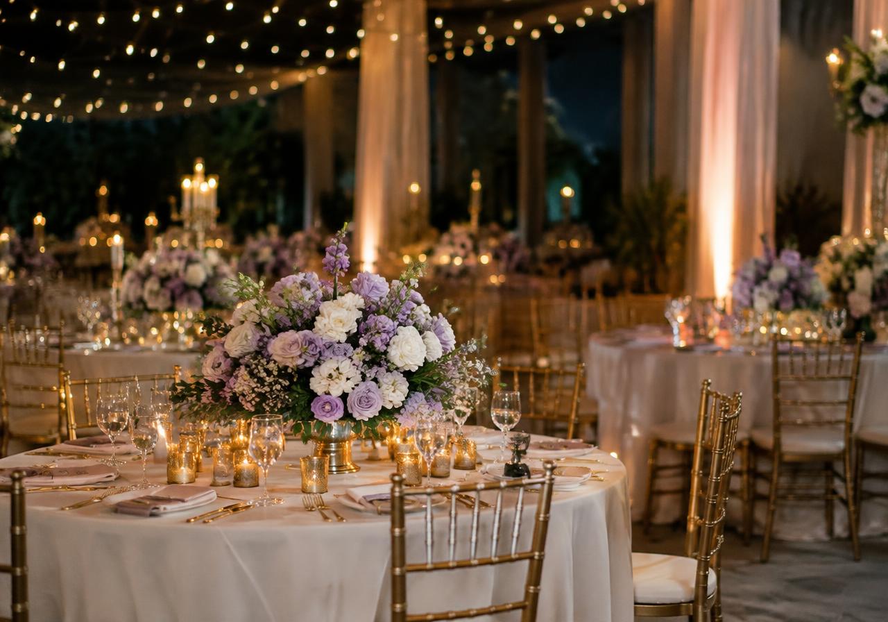 Temporary demonstration, not verified Davina work: Demonstration lavender reception styling